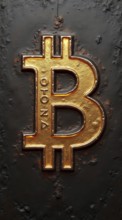 The image shows a three-dimensional gold Bitcoin symbol set against a dark, rough metallic