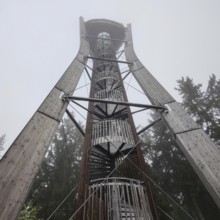 Idarkopf tower, observation tower on the Idarkopf in the fog, Weitersbach, hybrid construction,