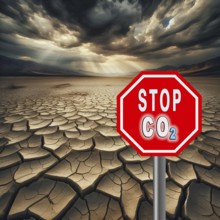 A stop sign with the inscription CO2 stands in a dry, cracked desert landscape under gloomy clouds,