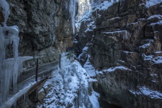 Winter, snowy landscape, icicles, river Breitach and hiking trail through the Breitachklamm gorge