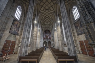 Interior with net vaulting and organ loft, organ built in 1997, late Gothic hall church of St