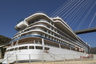 Docked Viking Sea cruise ship and Franjo Tudman bridge, Port of Gruz, Dubrovnik, Croatia, Europe