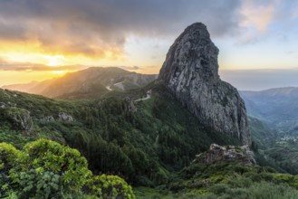 View of the Roque de Agando rock tower, one of La Gomera's landmarks, from the Mirador Roque de