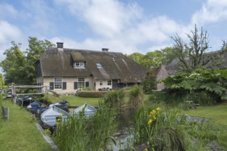 Farmstead with thatched roof, surrounded by river and pond full of boats in a green environment,