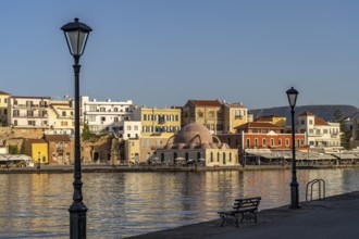 Old town with Hasan Pasha Mosque at the old Venetian harbour, Chania, Crete, Greece, Europe