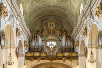 Church organ of the baroque parish church Mariahilfer Kirche in Vienna, Austria, Europe