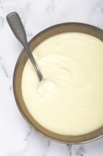 Mashed potatoes, with suluguni cheese, homemade, on a marble table, no people, top view