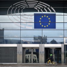 Entrance to the Altiero Spinelli building with the logo of the European Parliament, Brussels,