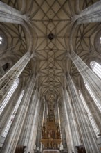 Interior with net vault and high altar in the late Gothic hall church of St George, Dinkelsbühl,