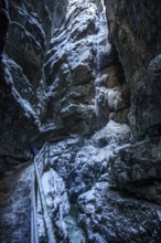 Winter, snowy landscape, icicles, river Breitach and hiking trail through the Breitachklamm gorge