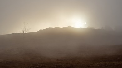 Fog, fog clouds, red earth, erosion, La Gomera, Canary Islands, Spain, Europe