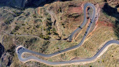 Aerial view, typical road, winding road, La Gomera, Canary Islands, Spain, Europe