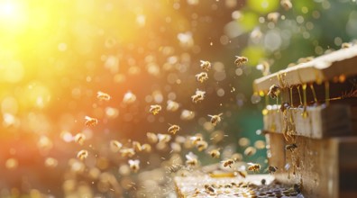 Bees gathering natural honey in beehive, AI generated