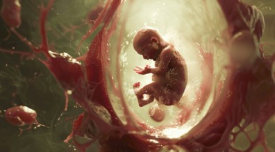 Human fetus embryo in a womb of a pregnant woman. Abortion and reproductive rights, AI generated