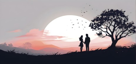 Abstract minimalist spring scene with a single, sharp silhouette of a couple and a blooming tree,