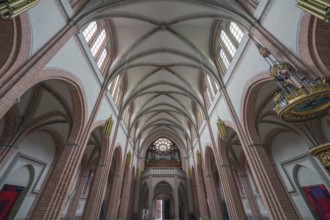 Interior with organ loft of the neo-Gothic parish church Bregenz-Herz Jesu, consecrated in 1906,