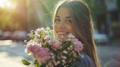 Young attractive happy smiling woman with bouquet of flowers on a romantic date, AI generated