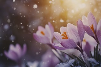 Close up of beautiful purple crocus spring flowers blooming between snow during late winter or