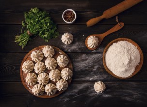 Raw khinkali, Traditional Georgian dish, on a wooden table, selective focus, rustic, no people