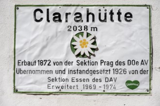 Sign of the Clara Hut, Hohe Tauern, Austria, Europe