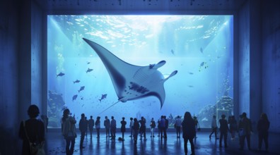 People enjoy marine underwater life in aquarium. Sharks whales Manta Rays and dolphins, AI