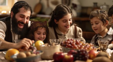 Happy jewish family with children celebrating rosh ha shana, Jewish new year., AI generated