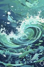 Illustration of swirling ocean waves and recycling symbols to represent clean oceans and