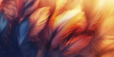 Banner with beautiful colorful bird feathers. Generative Ai, AI generated