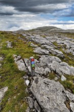 Hiking trail with markings, leads over bizarrely shaped limestone slabs in karst landscape, hills