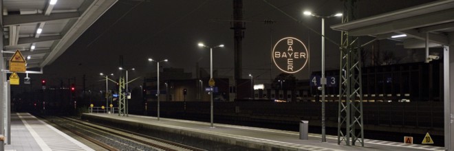 Bayer Cross seen at night from Leverkusen-Mitte railway station, Leverkusen, Bergisches Land, North