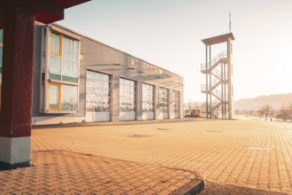 Modern fire station with training tower, illuminated by the sun, Althengstett, district of Calw,