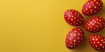 Red Easter eggs with golden dots on yellow background with copy space. Generative AI, AI generated