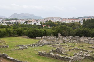 High angle view of old stone wall structures at ancient 3rd century Roman ruins of Salona near