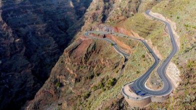 Aerial view, typical road, winding road, La Gomera, Canary Islands, Spain, Europe