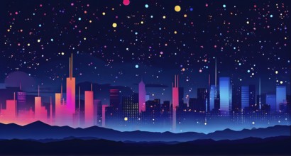 Minimalist, geometric skyline at night, with subtle fireworks in the sky, represented by colorful