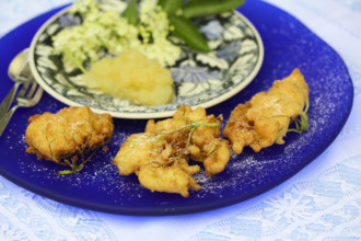 Swabian cuisine, elderberry cakes with apple sauce, Hollerkiacherl, elderflowers in pastry,