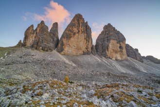 Three Peaks in autumn, blue sky and sunset, Sesto Dolomites, South Tyrol, Italy, Europe