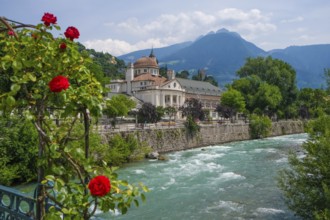 Merano, South Tyrol, Italy, spa hotel on the river Passer, on the Passer promenade in the old town