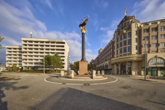 Störtebeker House in the architectural style of neo-historicism, granite column with metal