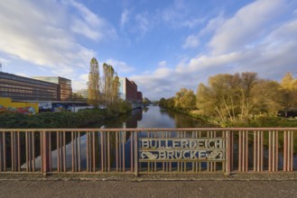 Bullerdeich bridge, bridge railing, general architecture, trees, canal to the flood basin, blue sky