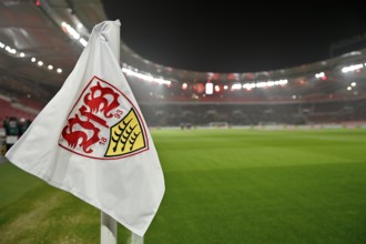 Corner flag, VfB Stuttgart logo, crest, floodlit match, interior, MHPArena, MHP Arena Stuttgart,