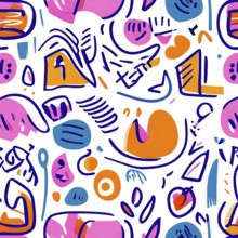 Playful, abstract illustration features a seamless pattern of whimsical hand-drawn shapes and icons