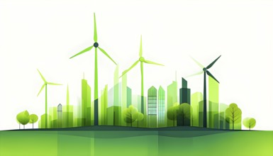 Abstract visual illustration of a city skyline where buildings morph into wind turbines and trees,