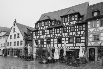 Half-timbered houses on the market square, black and white, Old Town, Fürth, Middle Franconia,