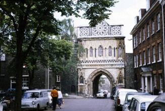 Arched entrance to Norwich Cathedral, Norfolk, England 1966