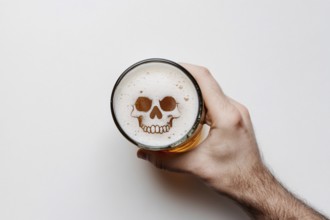 Hand holding beer mug with skull shape in foam. Concept for alcoholism and alcohol related deaths.