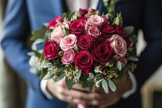 Flower bouquet with pink and red roses held by man in elegant suit. Generative ai, AI generated