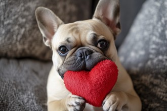 Cute small French Bulldog dog holding red plush heart. Generative Ai, AI generated