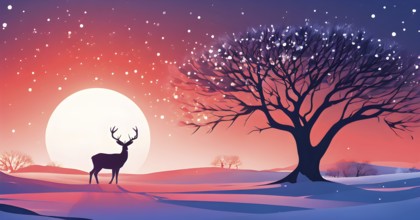 Abstract minimalist winter scene with a single, sharp silhouette of a deer and of a snow-covered