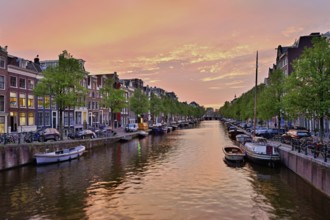 Prinsengracht canal in the evening light after sunset, Amsterdam, North Holland, Netherlands